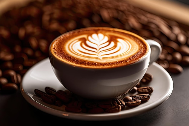 A Close Up Photo Of A Cup Of Cappuccino and Coffee Beans