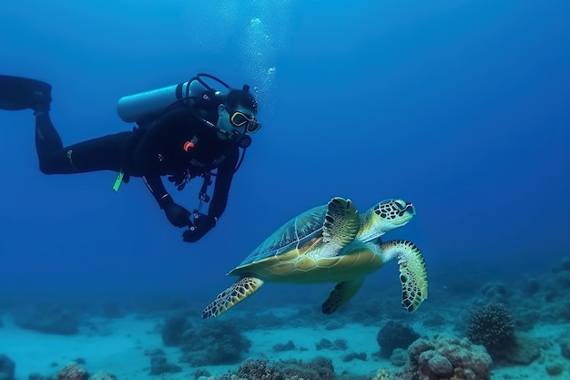 A close up photo diver and turtle under sea