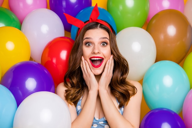 Close up photo of excited crazy girl astonished scream wow omg hands cheeks