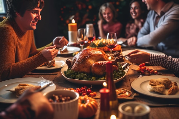 close up photo of a family celebrating thanksgiving with turkey on the table