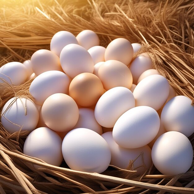 close up photo of fresh organic chicken eggs on straw ultra hd realistic vivid colors highly det