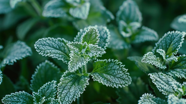 Close up photo of frost covered nettle mint leaves