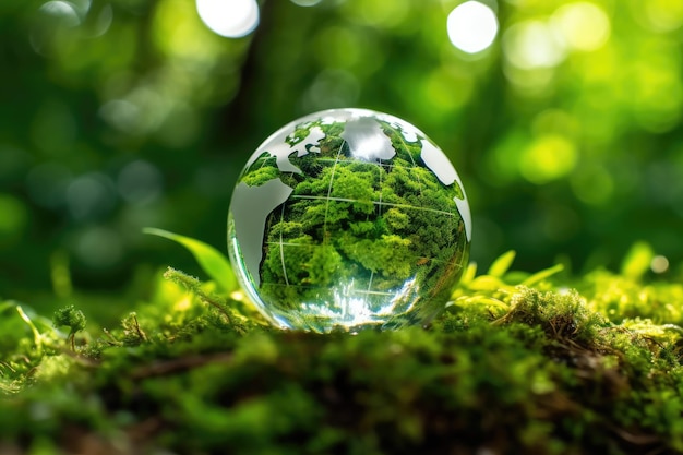 Close up photo of a glass globe nestled in a lush green forest Generative AI