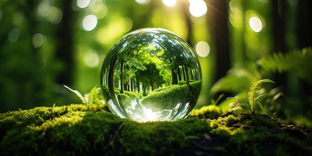 Close up photo of a glass globe nestled in a lush green forest