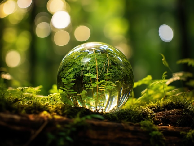 Close up photo of a glass globe nestled in a lush green forest