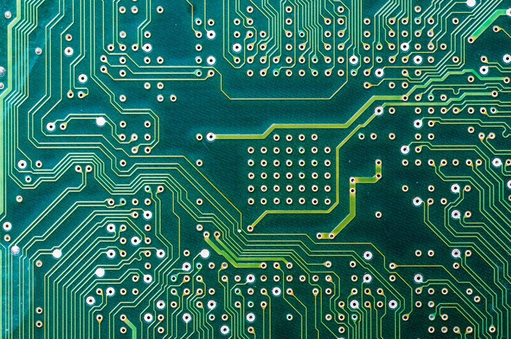 Photo close-up photo of green computer circuit board for use as a background.