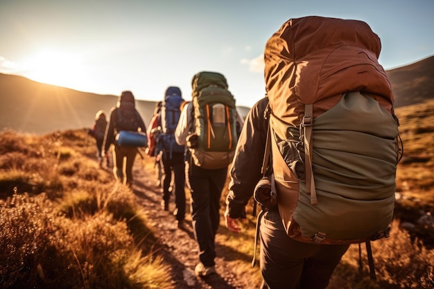 A close up photo of a group of hiker tourists walking along a mountain ridge at sunset Generative AI