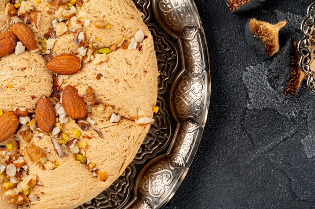 Close up photo of halva dessert on silver plate