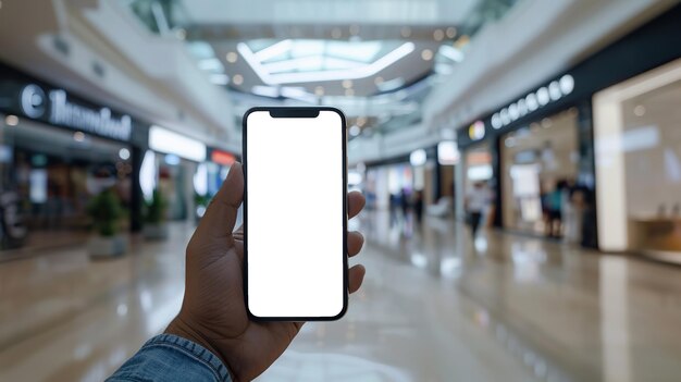 Foto foto ravvicinata di una mano che tiene uno smartphone con uno schermo bianco in un centro commerciale