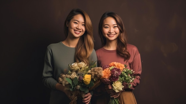 Close up photo of international girls who holding spring boquet flowers