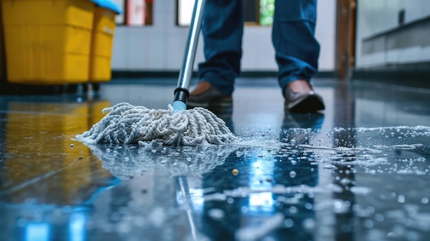 Photo close up photo of janitor mopping the floor ai generated image