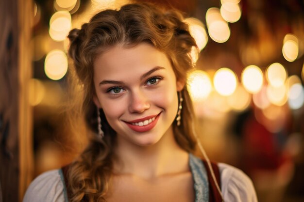 A close up photo of a joyful young woman wearing a traditional Oktoberfest dirndl Generative AI