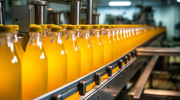 Photo close up photo of juice factory production line with glass bottles filled with yellow juice or drink