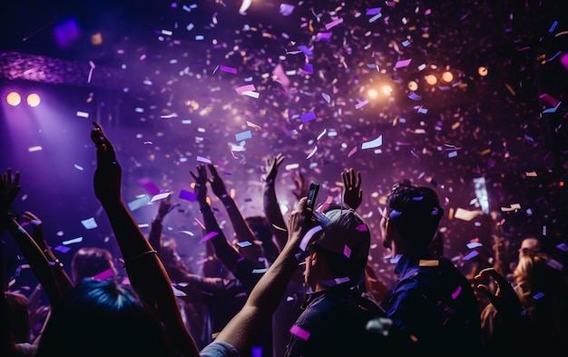 Foto foto ravvicinata di molte persone che ballano luci viola confetti che volano ovunque evento di nightclub