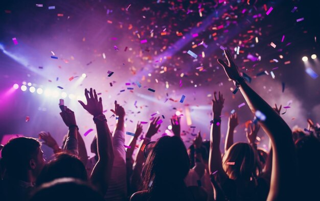 Foto foto ravvicinata di molte persone che ballano luci viola confetti che volano ovunque evento di nightclub