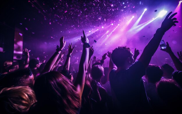 많은 파티 사람들이 보라색 불빛을 춤추는 클로즈업 사진 사방에 날아다니는 콘페티 나이트클럽 이벤트