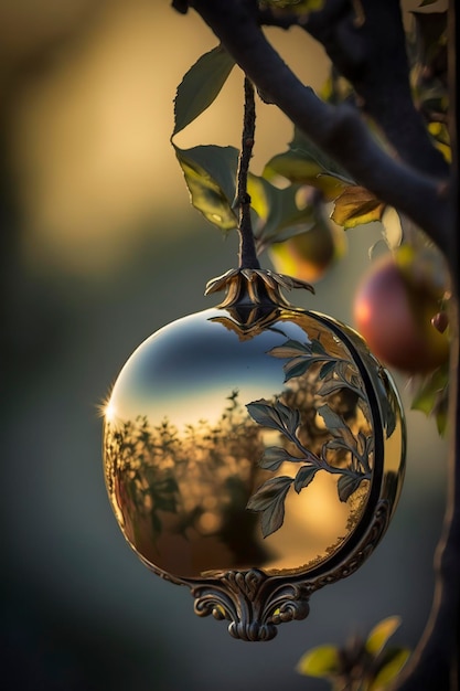 close up photo of a mirror apple hanging in an apple tree AI Generative