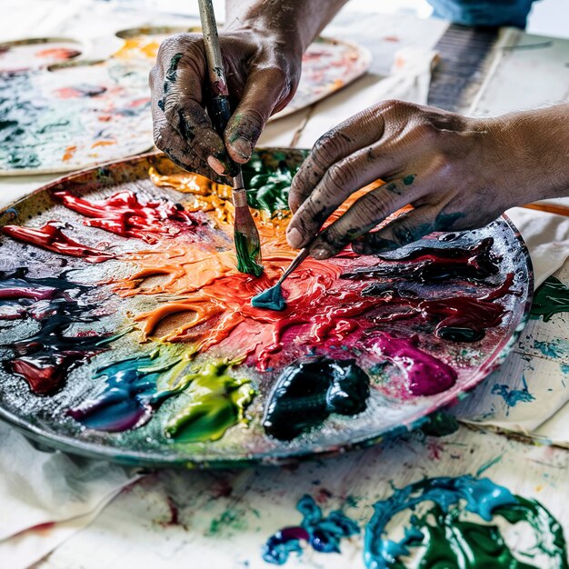 Close up photo of mixing oil paints on palette