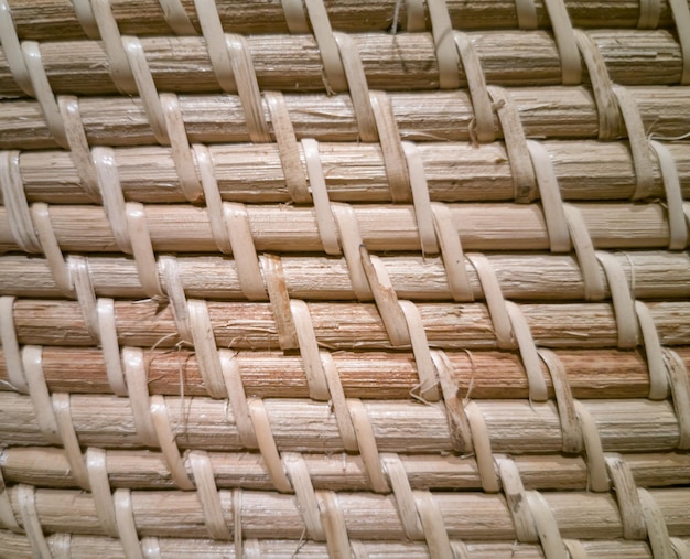 Close-up photo, natural textured bamboo basket surface. Blank background, rattan or reed.