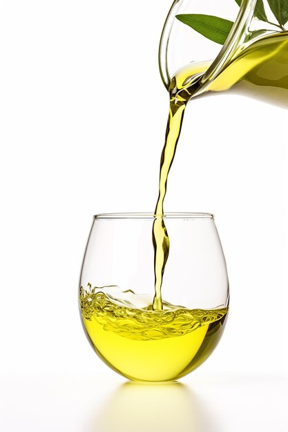 写真 白い背景に隔離されたガラスに注がれるオリーブ油のボトルのクローズアップ写真