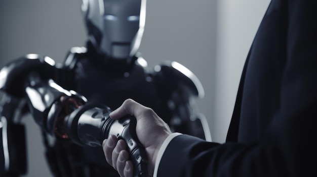 Фото Крупным планом фото мужчины-бизнесмена и робота, пожимающего друг другу руки генеративный ai aig21