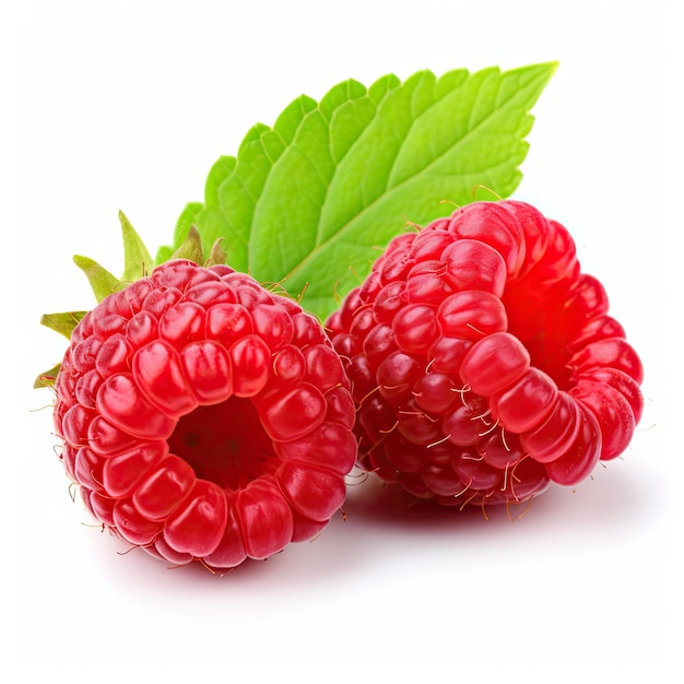 Close up photo Raspberry with leaf isolated on white