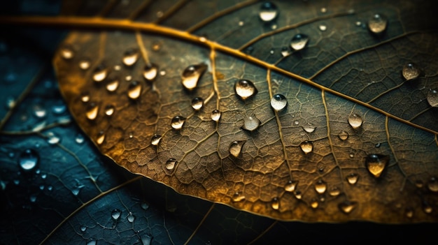 A close up photo of raw yellow leaf with droplet on it