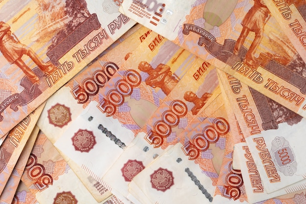 Close-up photo of Russian rubles. Finance and business concept