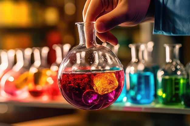 화학 용액이 들어 있는 플라스크를 잡고 있는 장갑과 실험실 가운을 입은 과학자의 손 클로즈업 사진 Generative AI