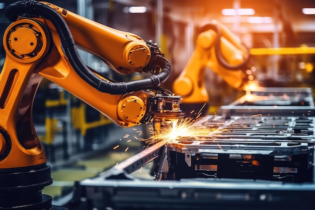 A close up photo of a state of the art assembly line in a car factory showcasing the integration of automated robot arms and human workers Generative AI