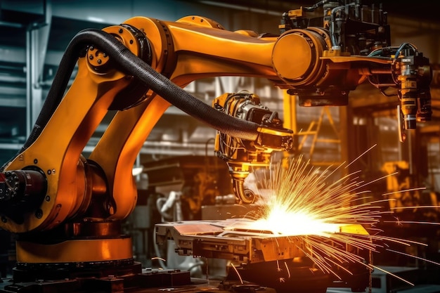 A close up photo of a state of the art assembly line in a car factory showcasing the integration of automated robot arms and human workers Generative AI