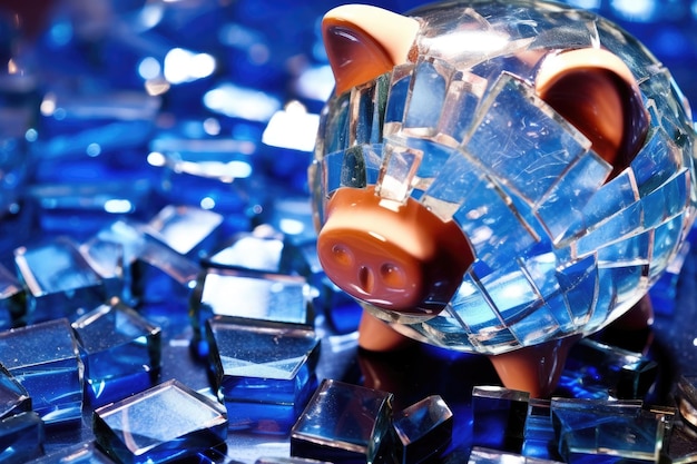 A close up photo symbolizing the global financial crisis the image focuses on a shattered bank piggy bank lying on a pile of crumbling banknotes and broken coins generative ai