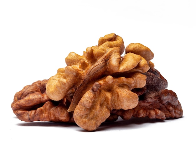 Close up photo of walnut on isolated white background