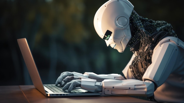 Close up photo of white robot with green eyes typing on laptop