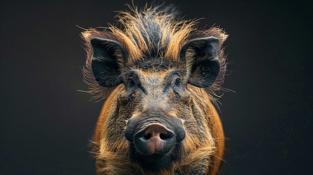 Foto una foto ravvicinata di un cinghiale con uno sfondo scuro