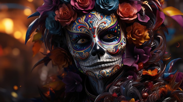 Крупным планом фотография женщины в традиционном костюме Дня мертвых и с макияжем Dia de Muertos