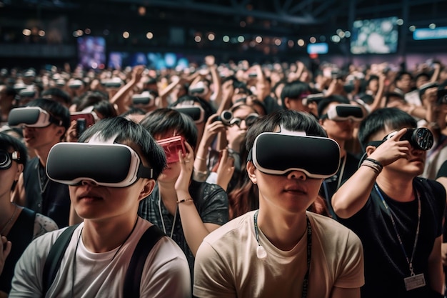 A close up photo young asian people wearing vr in night fest