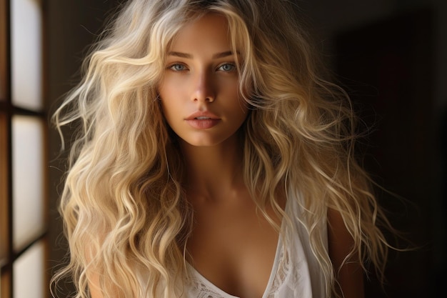 Фото крупным планом молодая красивая девушка с длинными светлыми волосами