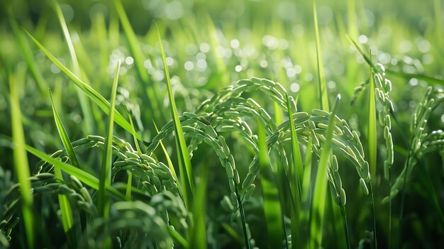 Photo close up photo of young rice trees that look fresh and charming generative ai