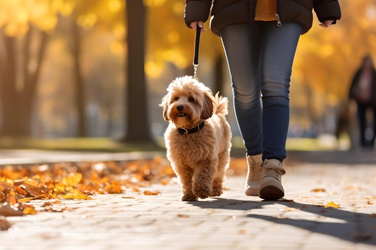 Photo 公共の公園でcavapoo犬と歩いている若い女性のクローズアップ写真朝にがっている
