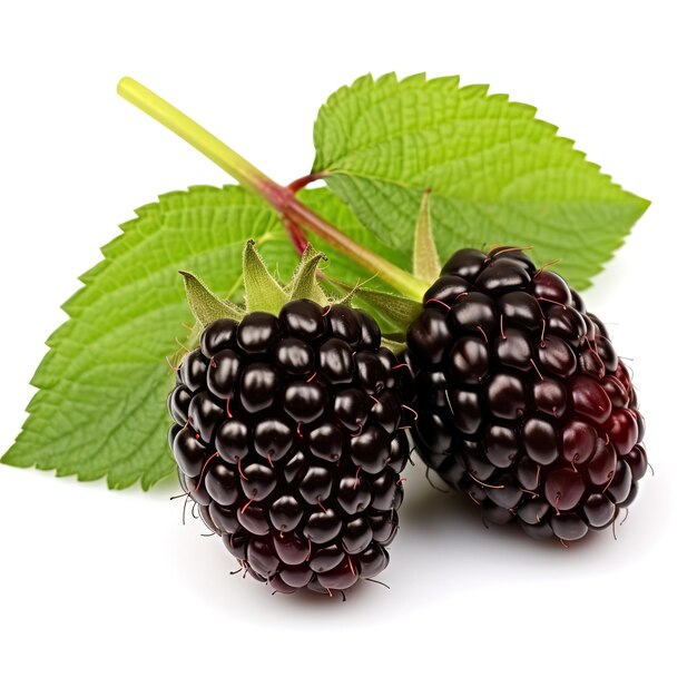 Close up photograph Boysenberry with leaf isolated on white