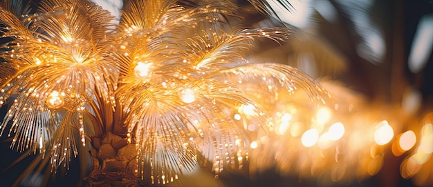 ボケ味のパノラマ風のヤシの木のライトの接写写真