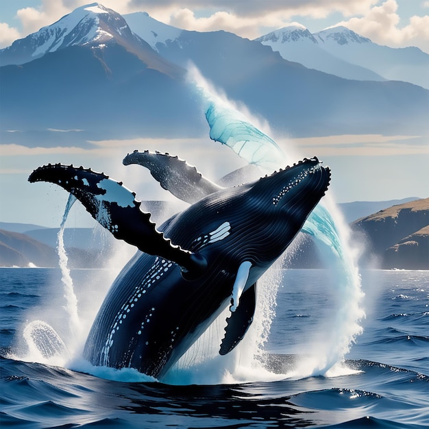 фотография крупным планом величественного горбатого кита, прорывающегося на поверхность океана, демонстрирующая