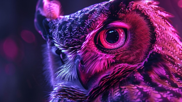 Photo a close up photograph of an owl with glowing red eyes and purple feathers