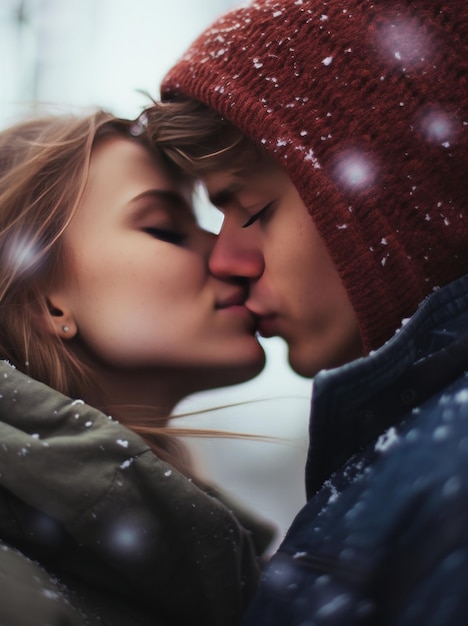 Close up photograph two people kissing portrait