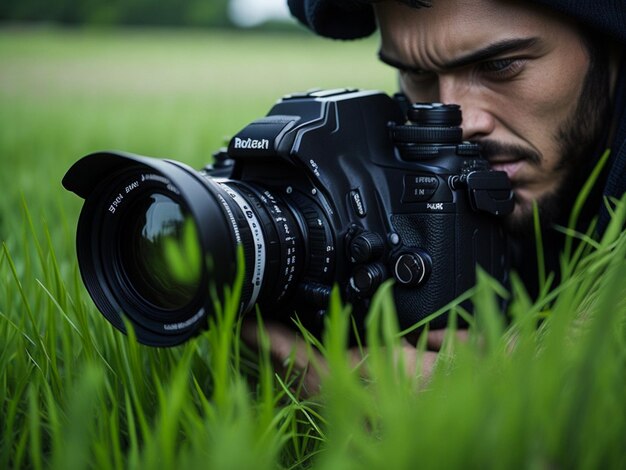 Close up of photographer takes pictures on the background of grass