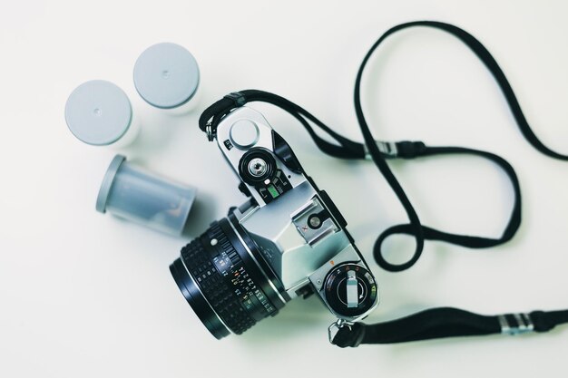 Photo close-up of photographic equipment over white background