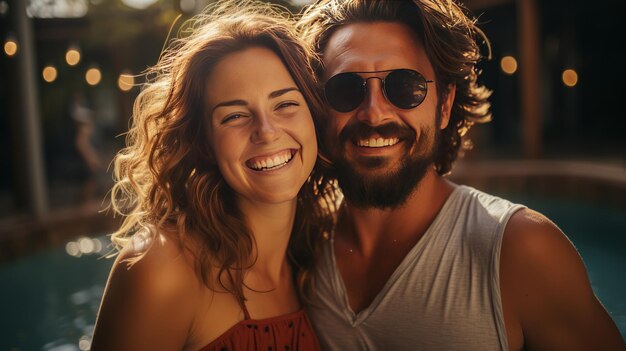 Close up photography of an happy beautiful and fit couple having fun