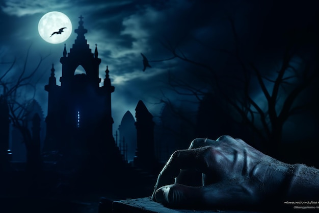 Фотография крупным планом, демонстрирующая руку зомби, поднимающуюся с кладбища в жуткую ночь Хэллоуина.