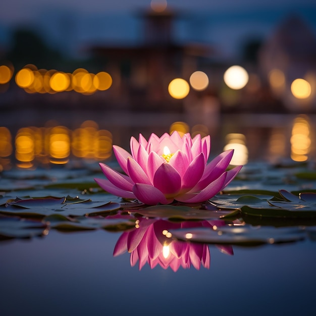 사진 꽃의 꼭대기에 불이 있는 단 하나의 분홍색 롯스 꽃의 근접 사진 loy krathong